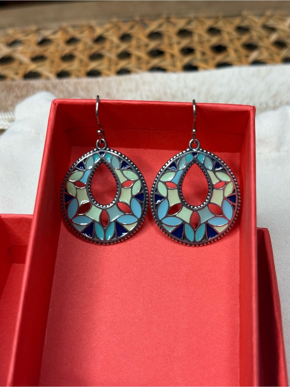 James Avery Multicolor Mosaic Teardrop Earrings - Blue, Red, Aqua, Navy, Cream